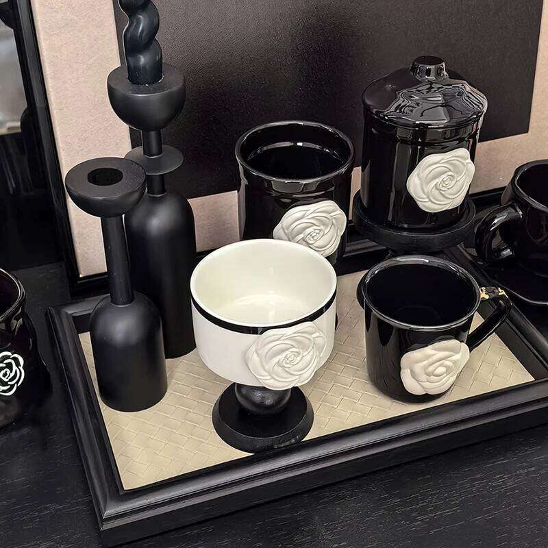 Vintage Camellia Embossed Coffee Mug Ceramic Globot Cup, Stylish Retro Luxury Drinkware for Home Use