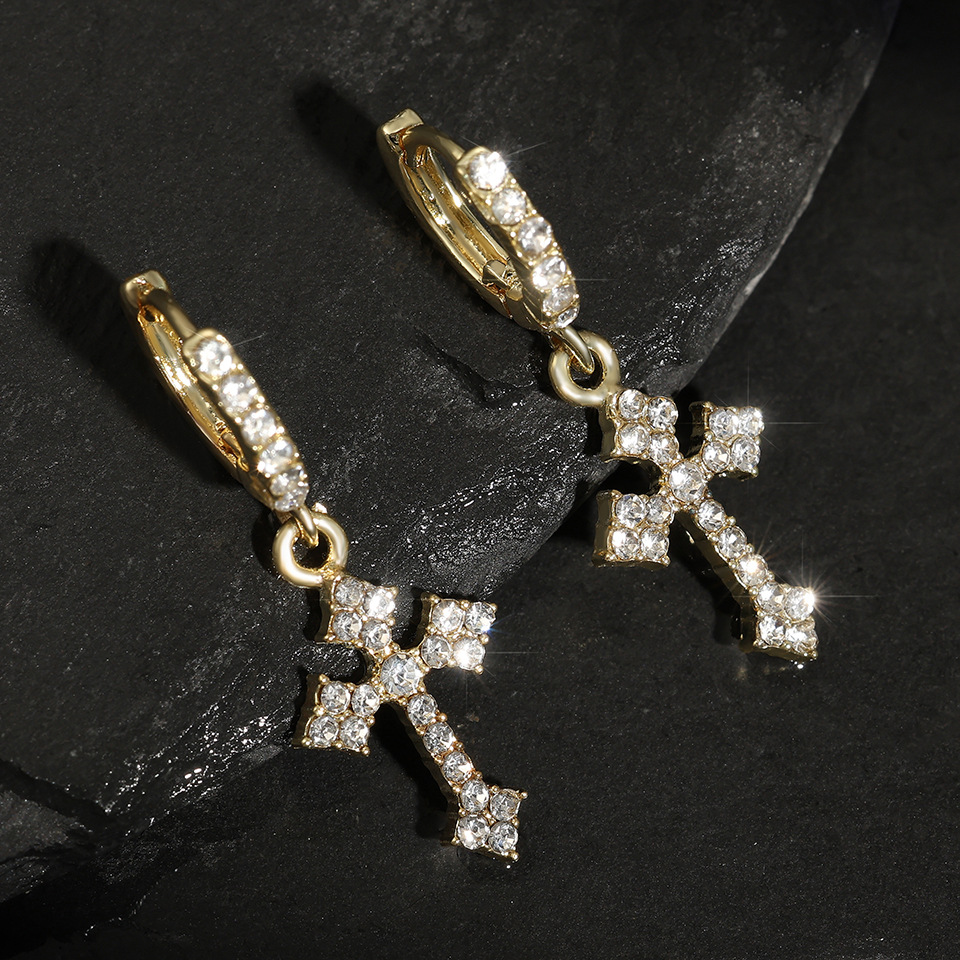 New Zircon Inlaid Cross Studs for Men Women, Niche Design with a Sense of Sophistication, European and American Hip-Hop Trendy Earrings - view 3