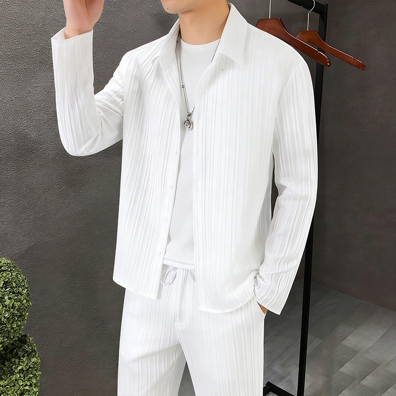 Men's 2 Piece Casual Set White Pinstripe Long Sleeve Shirt and Loose Pants Set