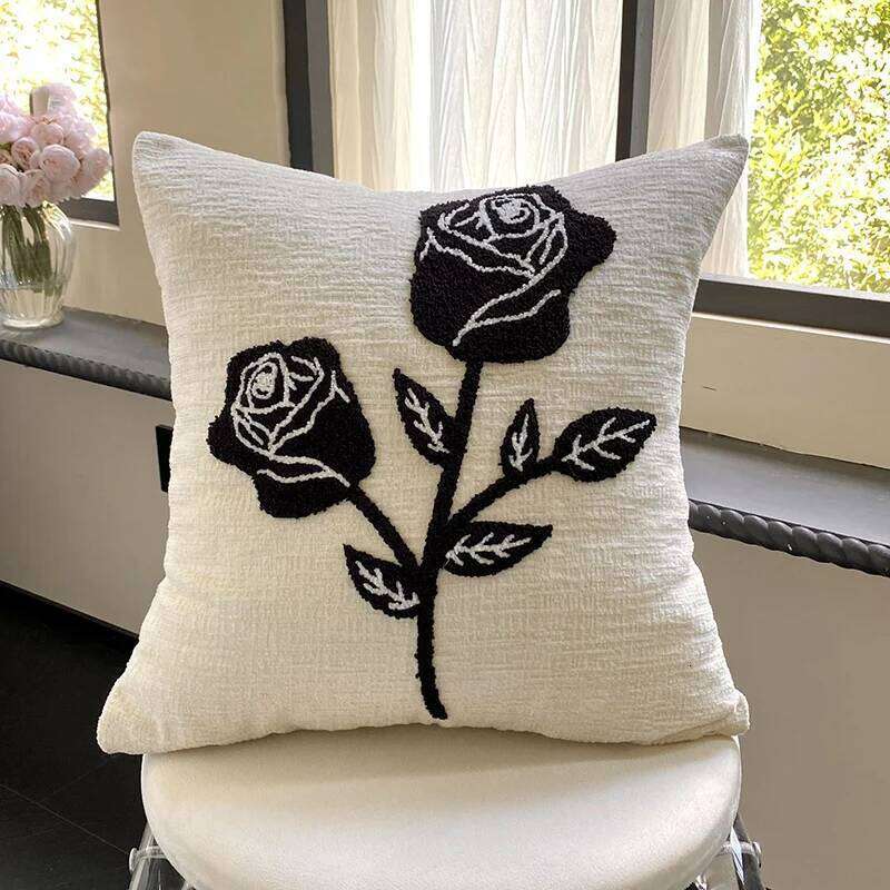 Pillow Case Rose Light Luxury Living Room Chenille Embroidered Sofa Pillow Decorative Cushion Backrest Pillow Cover Home Decor