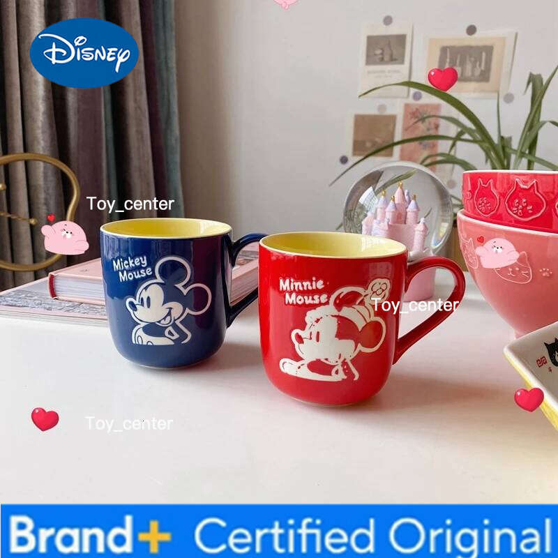 Disney Mickey & Minnie Mouse Ceramic Mug Set Retro Cartoon Design Coffee Milk Couple Cup With Yellow Interior Mugs H260205