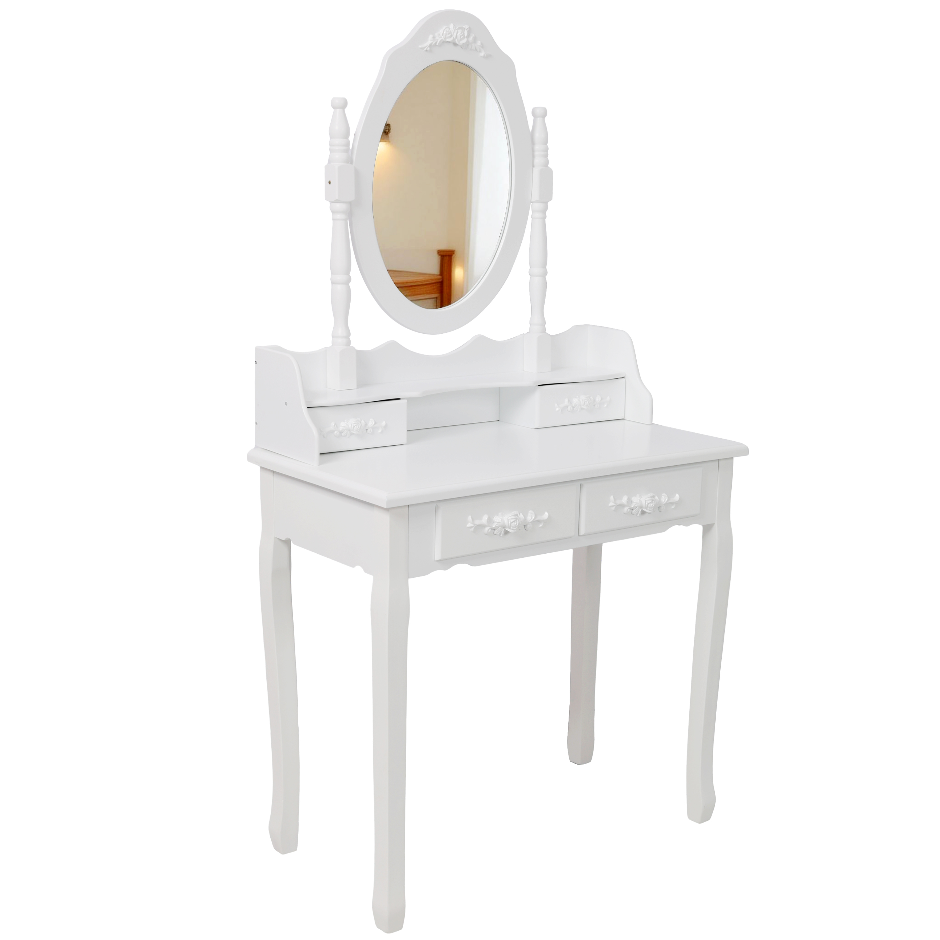 Princess Vanity Desk Set with Mirror & Cushioned Stool 4-Drawer Wooden Makeup Vanity Table for Bedroom Dressing Table with Ample Storage