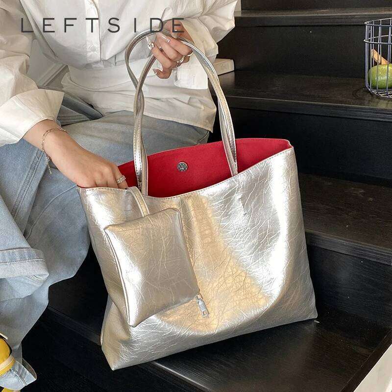 LEFTSIDE high-capacity PU Leather Tote Bags For Women 2025 New Trend Female Shoulder Bag Soft Solid Color Handbags And Purses Y260204