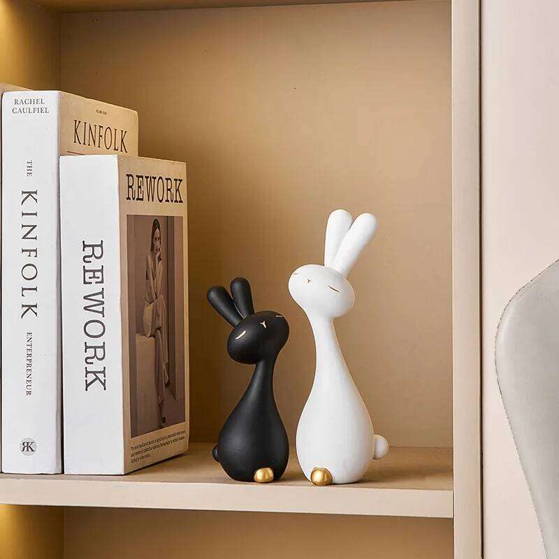 Black and white rabbit desktop small ornament resin handicrafts office , living room creative soft decoration S260204