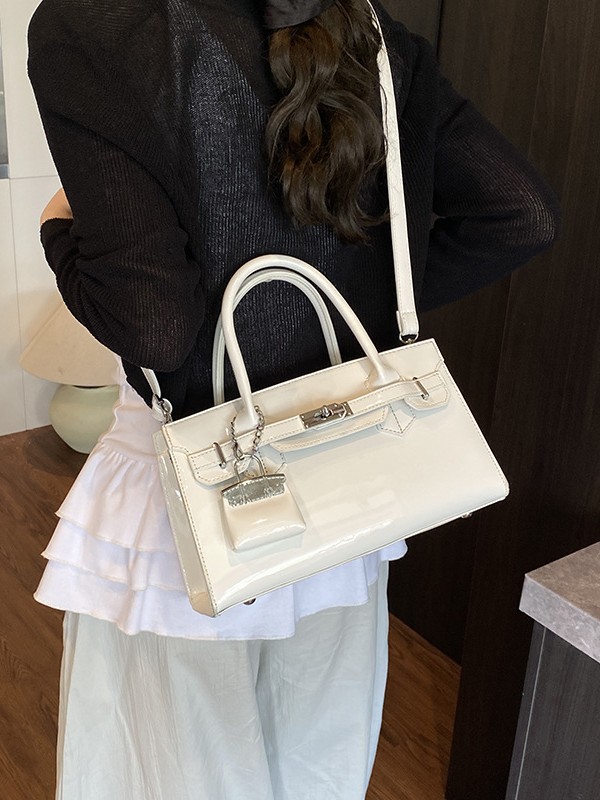2026 Women's Patent Leather Satchel Bag, Classic Top Handle Tote with Metal Lock & Detachable Strap