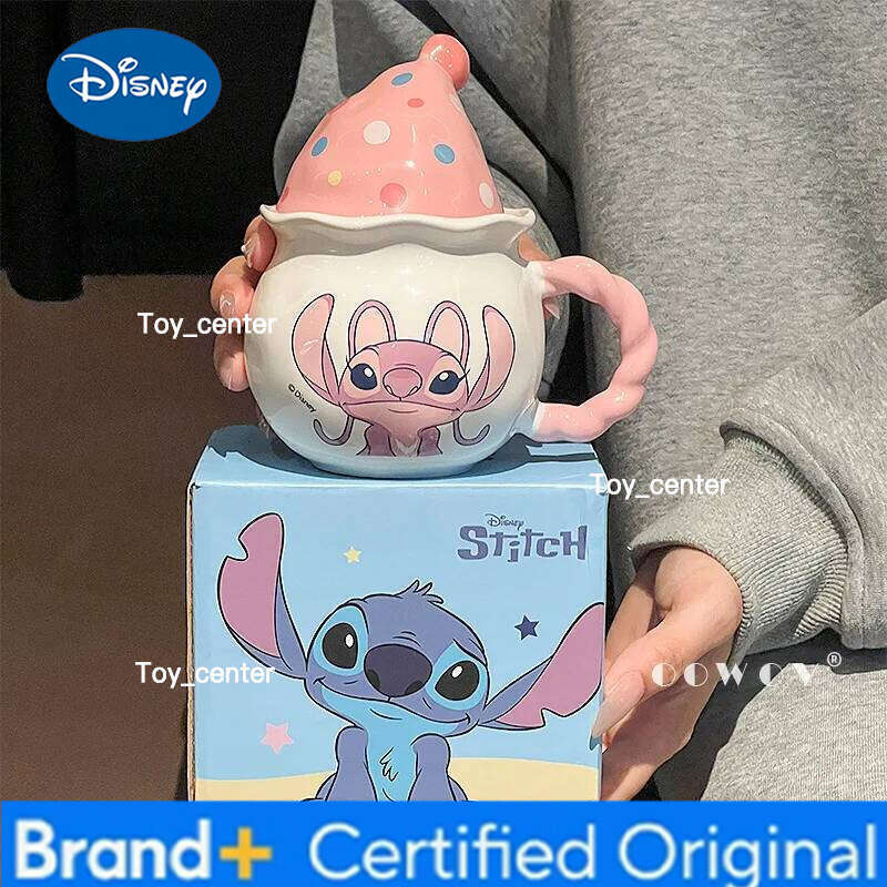 Disney Ceramic Mug Stitch Angel With Polka Dot Magic Hat Lid Cute Cartoon Couple Home Drinking Cup Gift For Birthday Christmas H260205