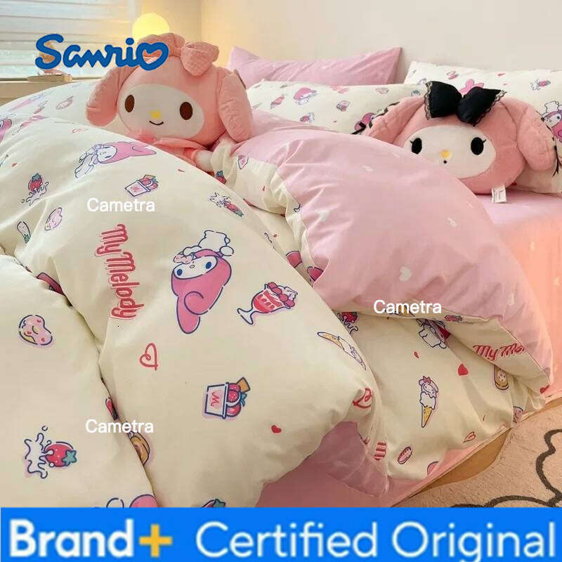 Sanrio 100% Cotton Bedding Set Cute Hello Kitty Kuromi Melody King Queen Pillowcase Bed Linens Girl Dorm Bedclothes Home Textile H260205