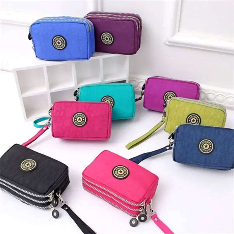 New Washed Denim Women's Three Zipper Coin Purse,Makeup Bag,Phone Bag,Hand-Held Portable Bag Z260205