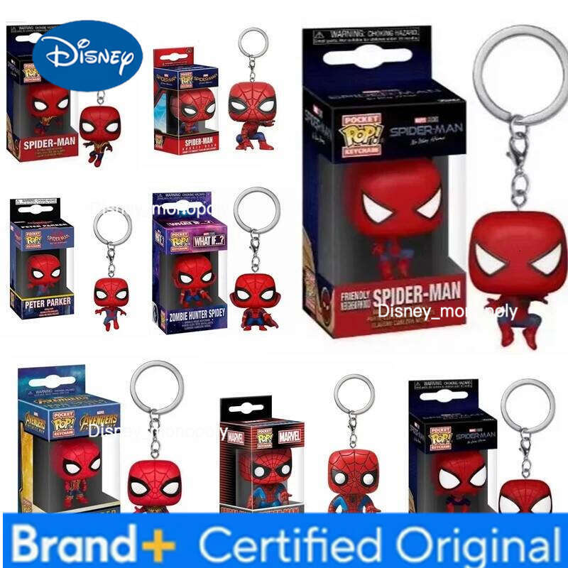 Disney Funko Pop SPIDER MAN Pocket Keychain Iron Spider Rings Peter Parker Key Pendant Toys Figure Keyrings Birthday Gift Kid Toy H260205