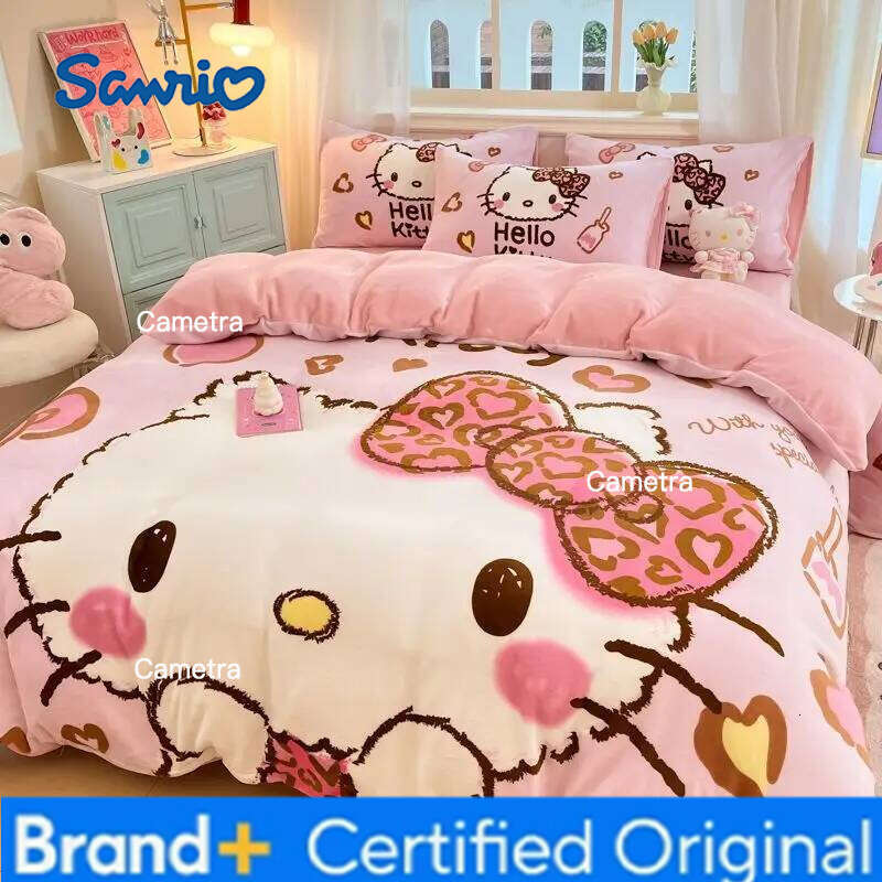 Sanrio Milk Fleece 4-piece Cute Kitty Thickened 3kg Quilt Cover Bed Sheet Pillowcase Children's 3-piece Set H260205