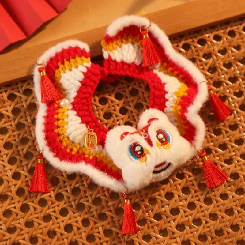 Chinese Style Spring Festival Lion Dance Tie Handmade Warm New Year Pet Collar Blessing Adjustable Cat Knitting Scarf Autumn