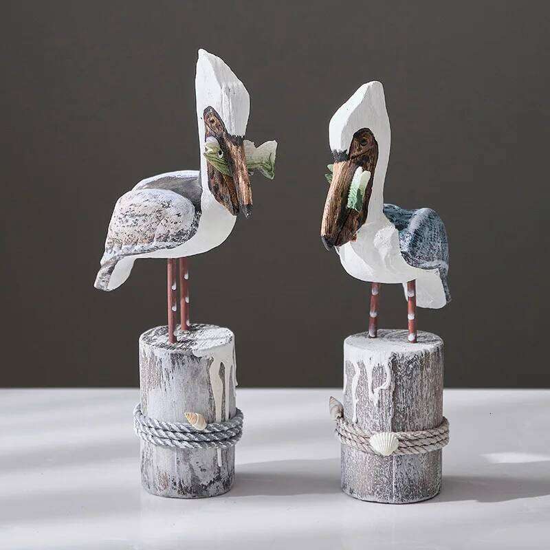 Wooden Seagull Nautical Beach Figurine Ornaments Mediterranean Style Handicrafts Decoration for Bedroom Living Room Garden S260204