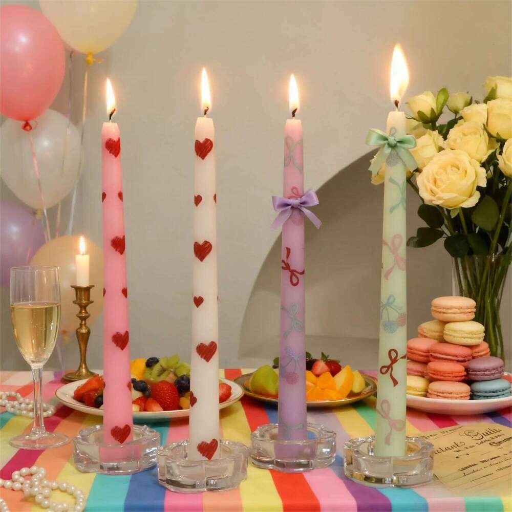 2PCS Colored Cherry/Heart Printed Taper - Romantic Wedding Birthday Candles for Home Party Dinner Garden Table Decor S260204