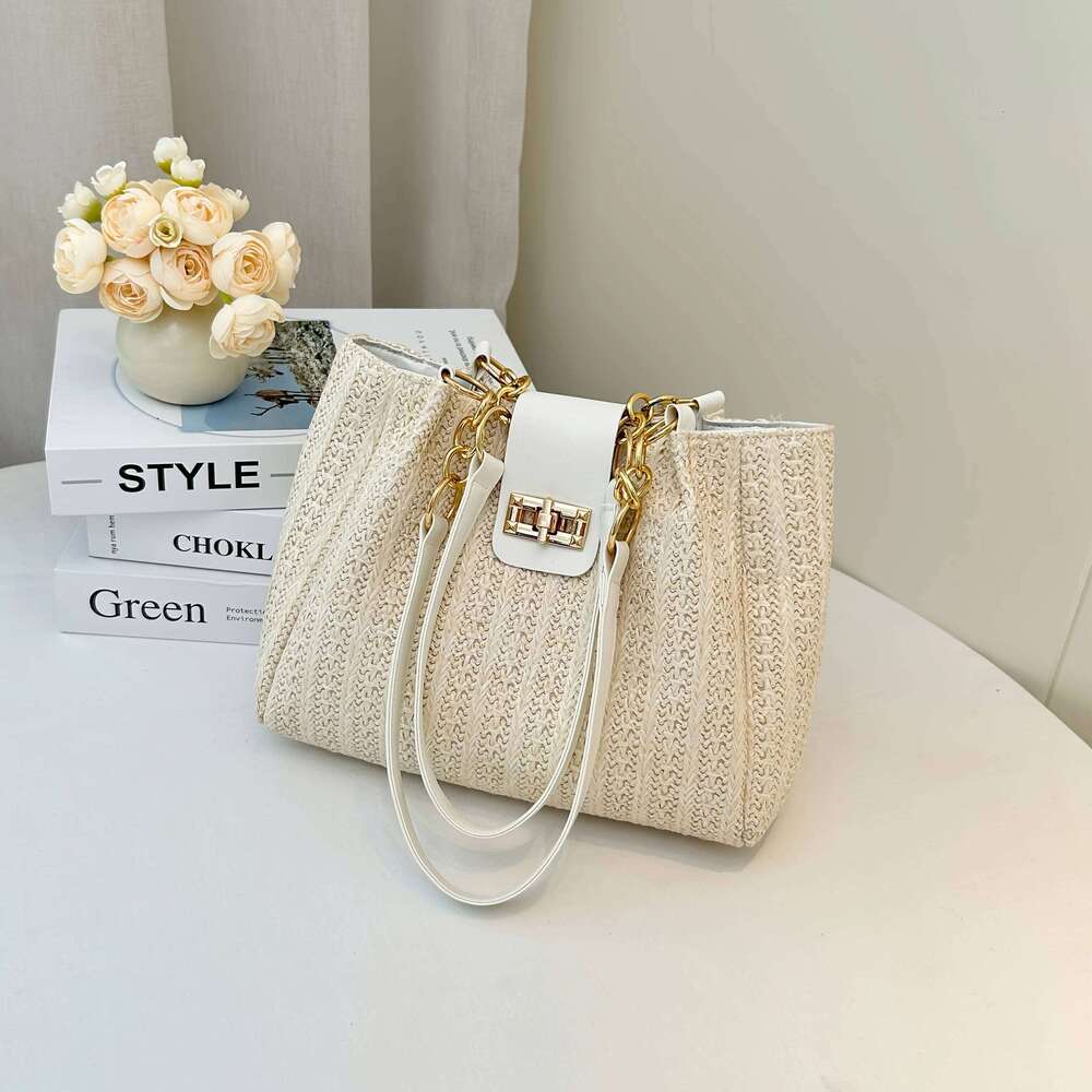 Elegant Women's Fabric Shoulder Bag with Adjustable Chain Strap Front Flap Button Closure Professional Use, Woven Handbag Y260204