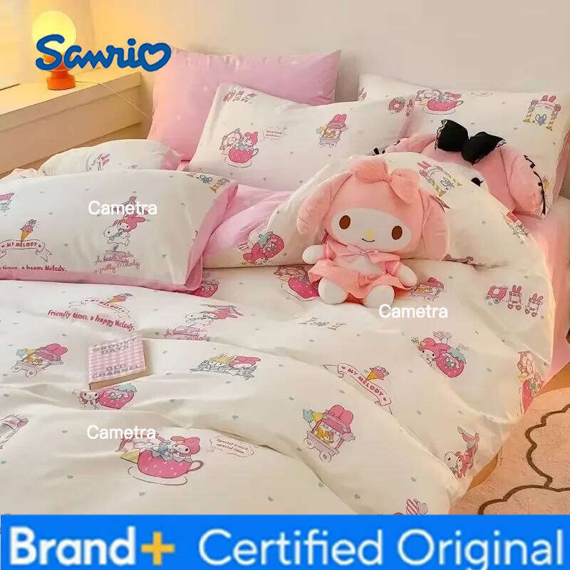 Sanrio New pink grid My melody anime cartoon cotton children's bed sheet three-piece girl's heart quilt cover four-piece set H2602051