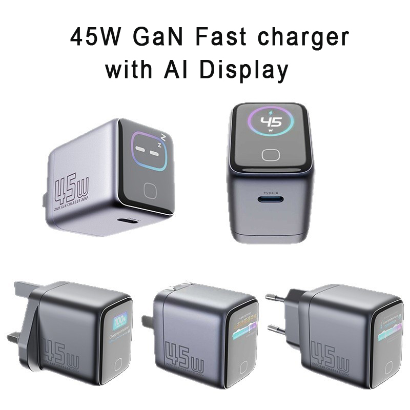 AI display screen 45W GaN Type C fast charger with US UK EU power plug for iphone/Samsung/iPad