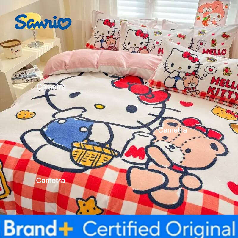 Sanrio Milk Fleece 4-piece Cute Kitty Thickened 3kg Quilt Cover Bed Sheet Pillowcase Children's 3-piece Set H260205