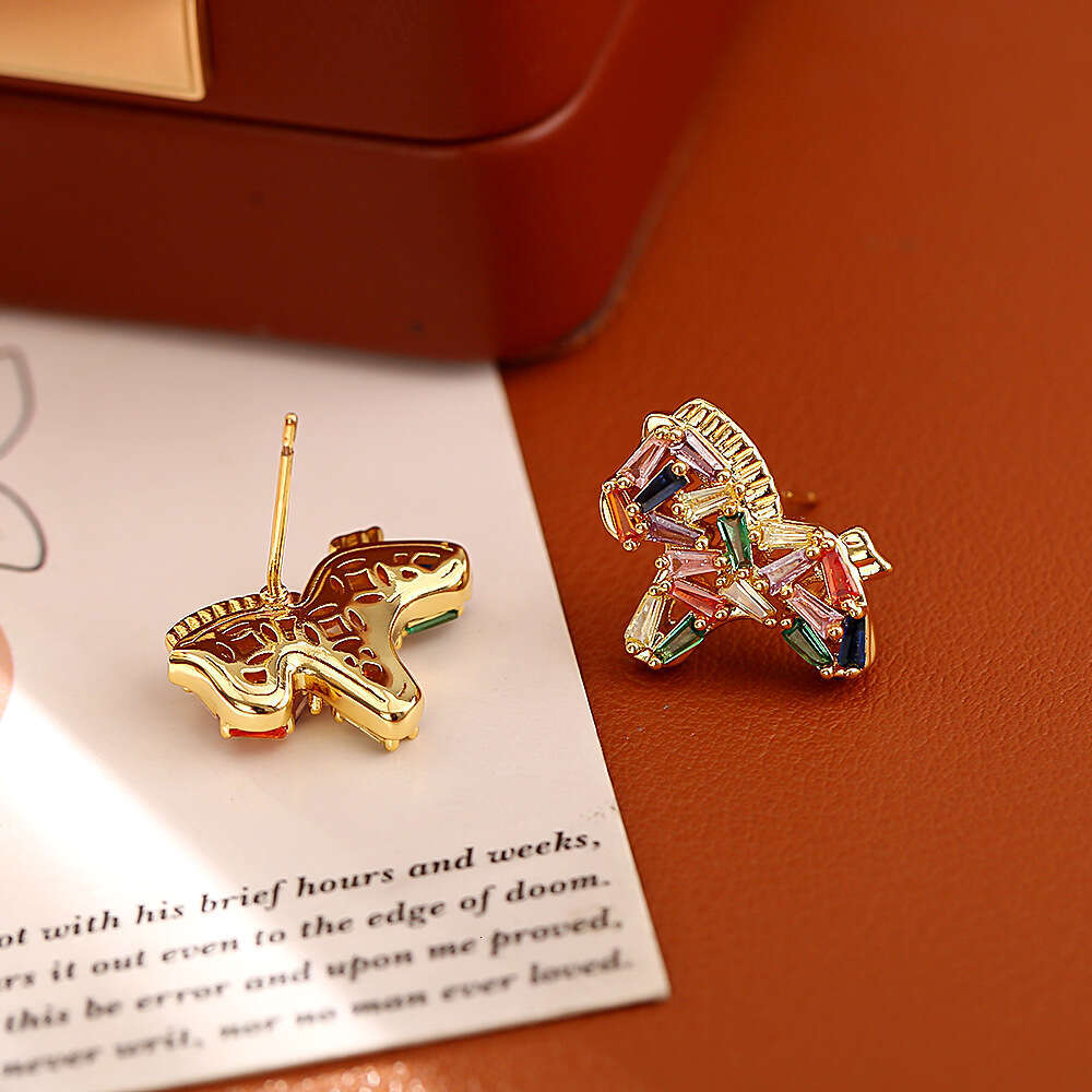 Hot-Selling Zodiac Little Horse Colorful Crystal 24K Plated High-End Fashion Exquisite Cute Internet Celebrity Style Earrings for Women - view 4