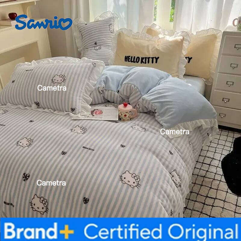 Sanrio Hello Kitty Kuromi cartoon cute warm plus velvet lace four-piece set creative student children's bed sheet quilt cover H260205