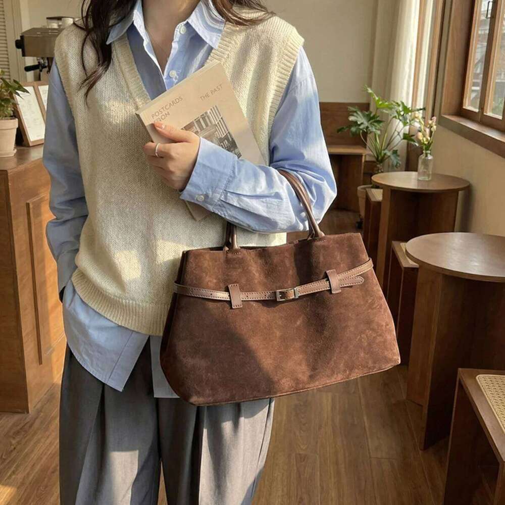 Simplicity Suede Tote Bag Belt Buckle Magnetic Clasp Large Capacity Water Resistant Bottom Studs for Daily Commute Shopping Y260204