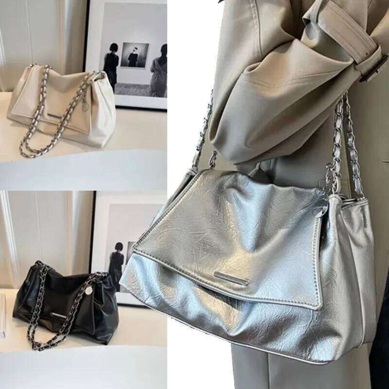 Casual Soft Surface Large Capacity Women 2024 New All-Match Chain Messenger Popular Silver Shoulder Bag Handbag Y260204