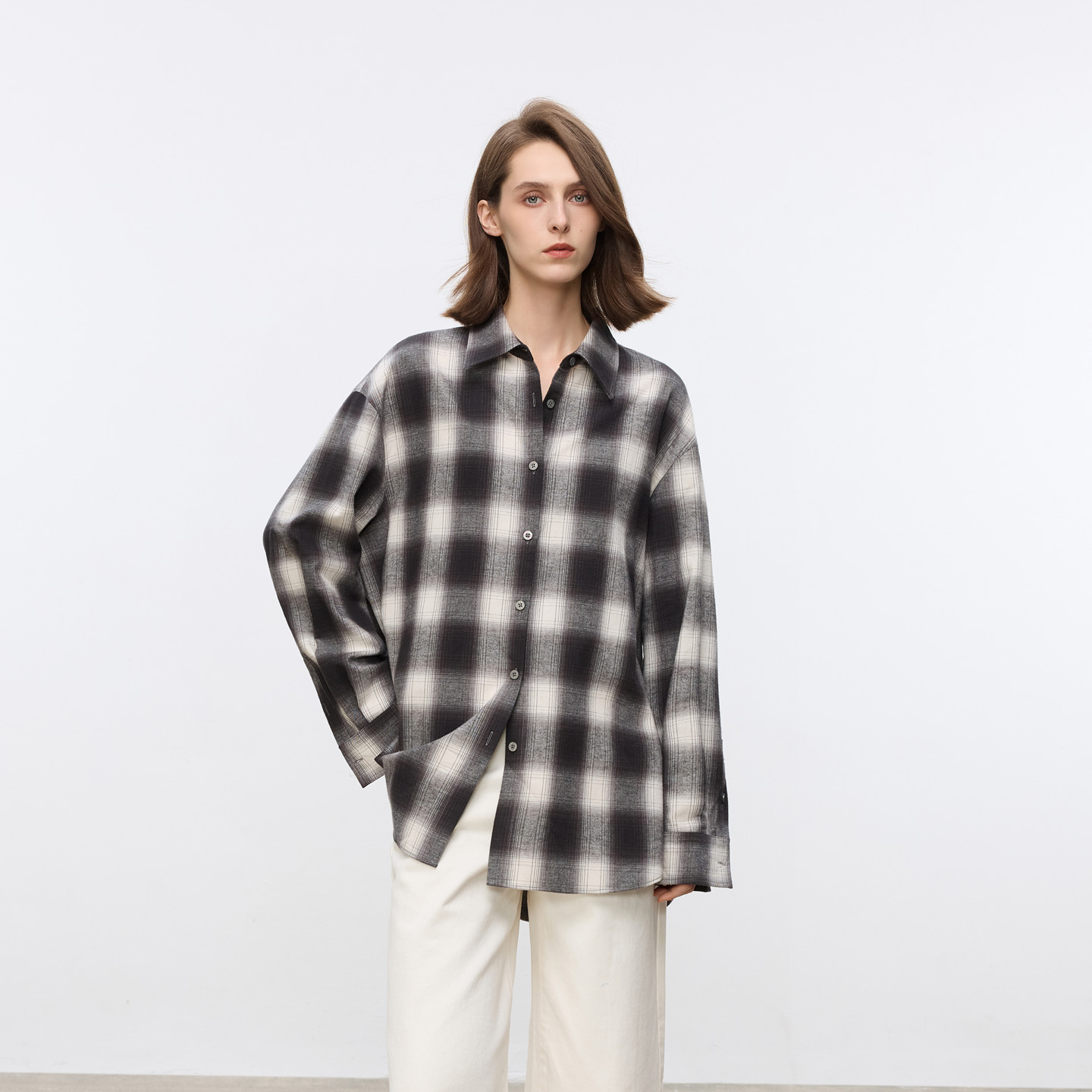 Retro-inspired color-woven cotton flannel heavyweight checkered shirt with contrasting paper-thin panels for a flattering, brightening effect