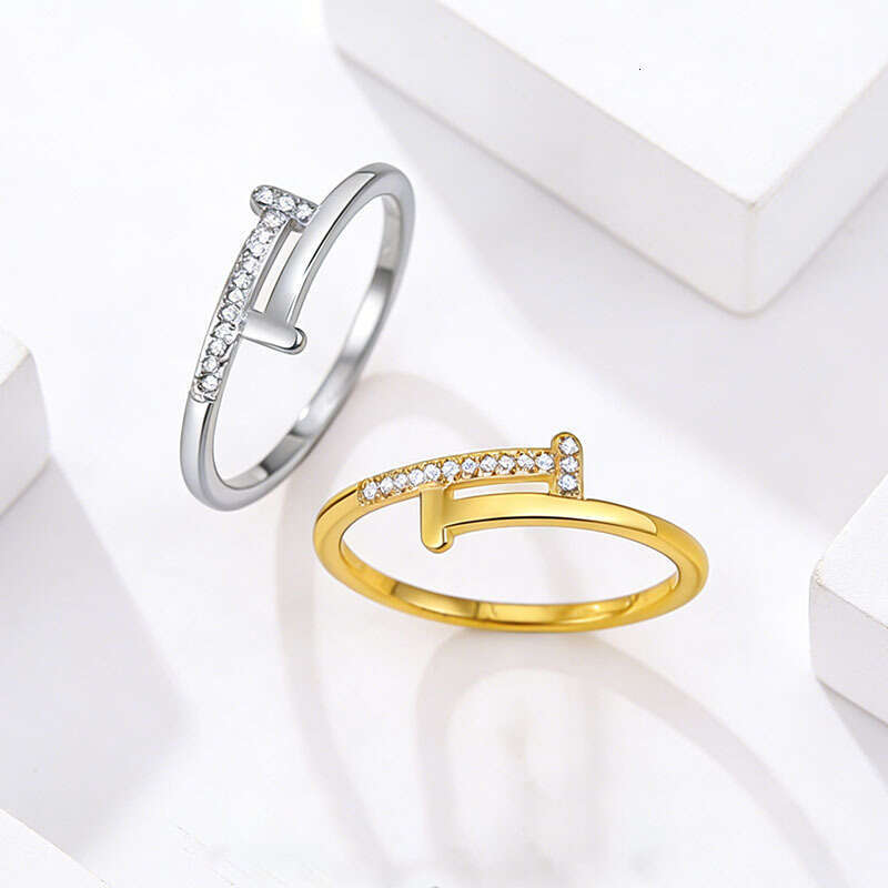 Fashion Light Luxury Double T Inlaid Diamond Titanium Steel Ring Trendy Accessory for Women