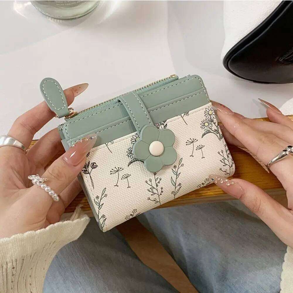 Simple Korean Style Flower Wallet Print Ultra Thin PU Leather Holder Floral Short Clutch Folding Card Bag Travel Z260205