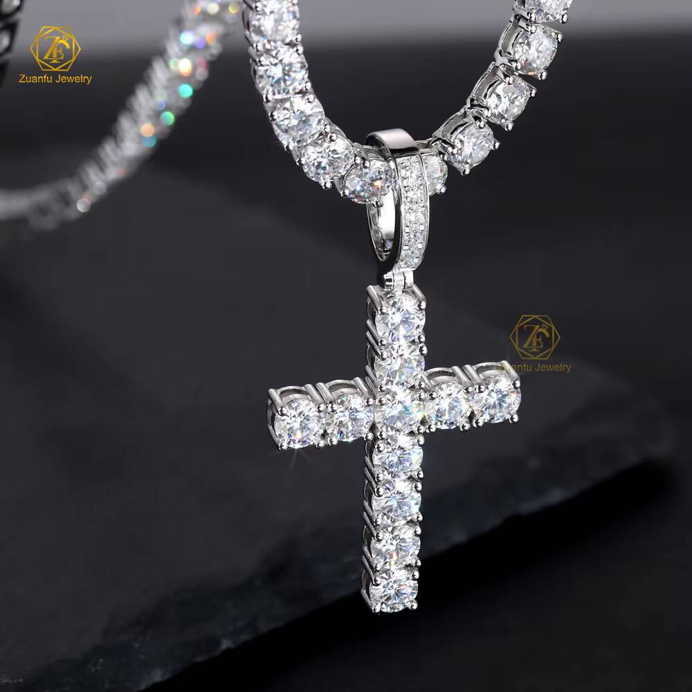 925 Sterling Silver 5mm D VVS Moissanite Diamond Cross Pendant with Tennis Chain Necklace for Women Men - view 7
