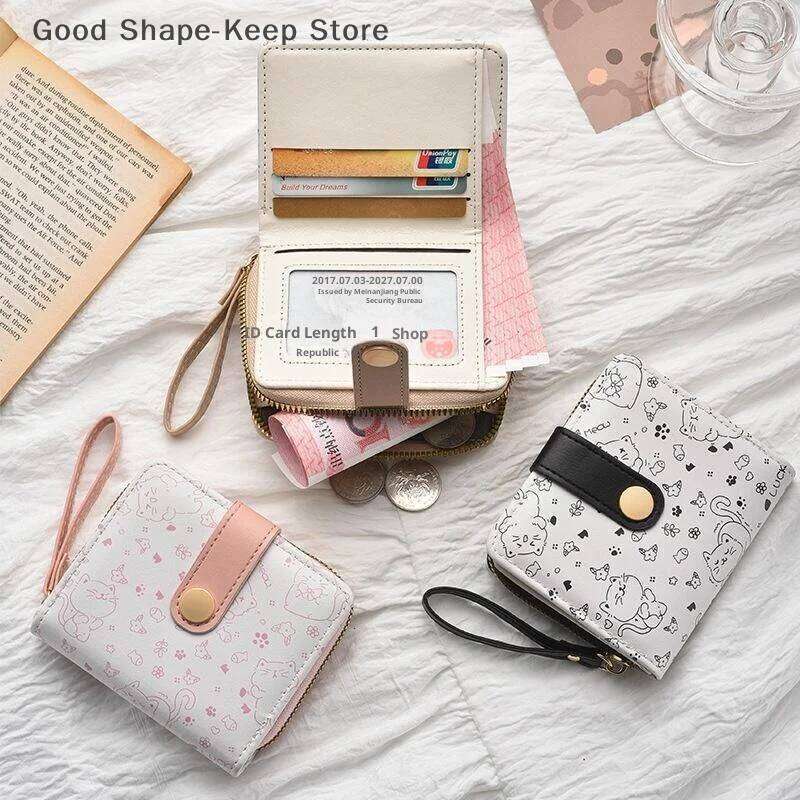 Fashion Short Folding Zipper Wallet ID Card Holder Cute Cat PU Leather Purse Women Travel Lightweight Cash Coin Bags Z260205