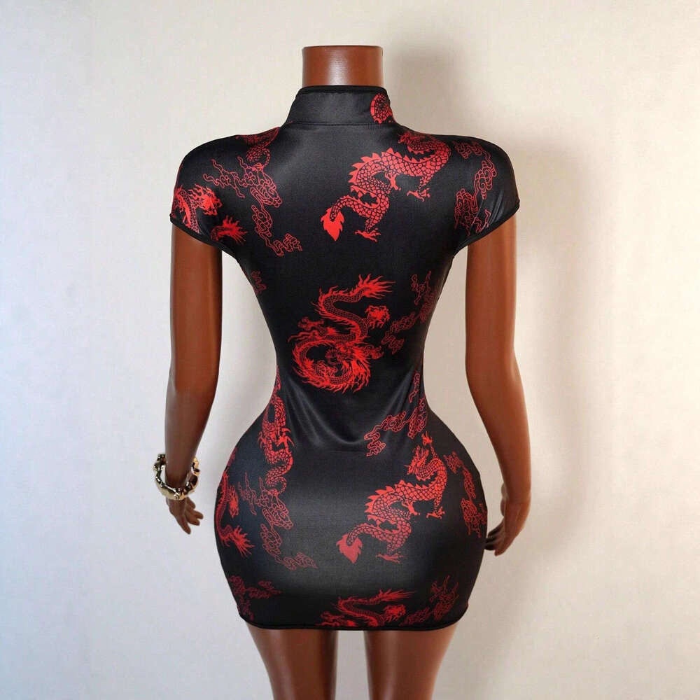 Trendy Street Chinese Style Dragon Print Dresses Women Sexy Hollow Out Package Hip Cheongsam Dress Streetwear Lady Slim Vestidos Short-Sleeve Qipao Dr