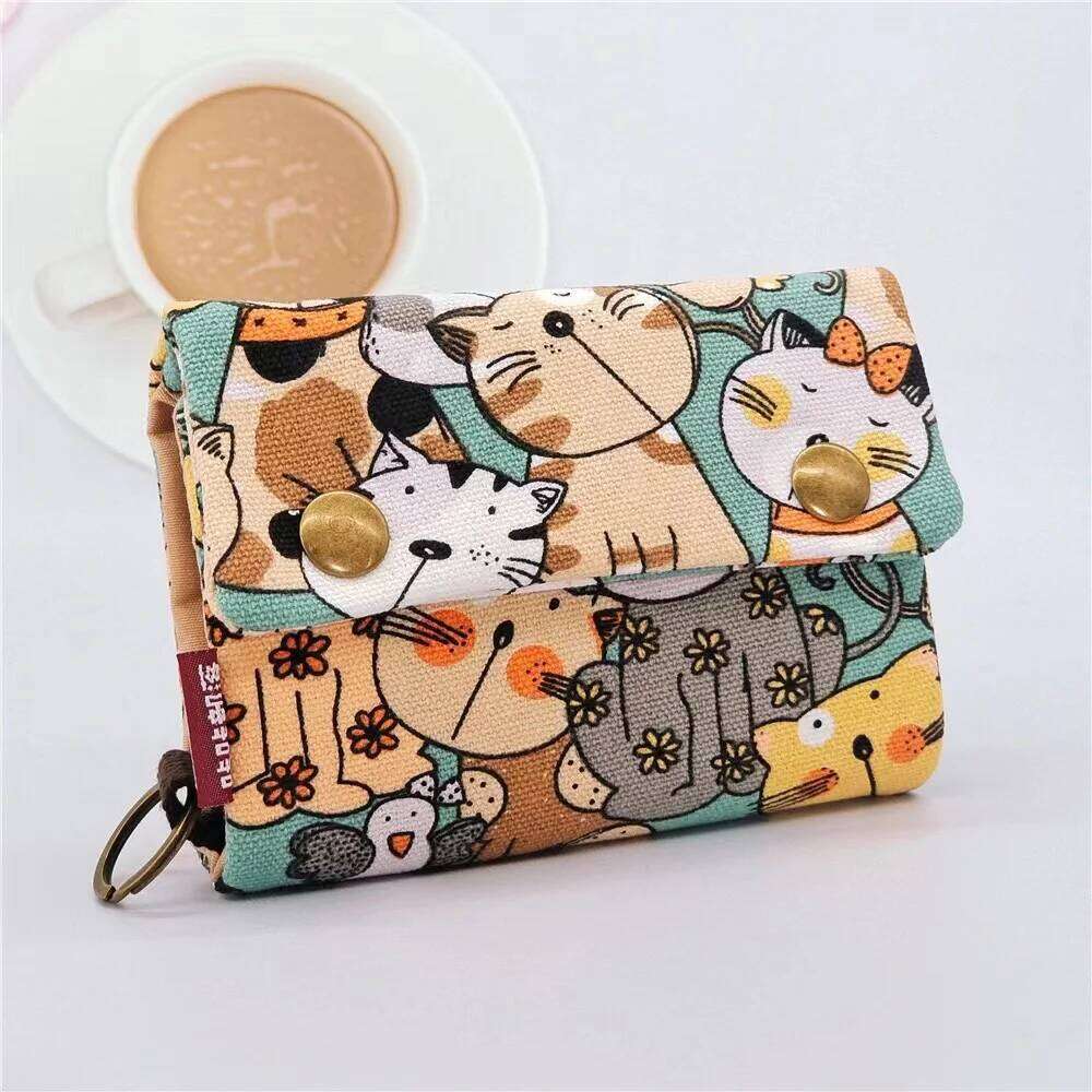 Canvas Cartoon Totoro Cat Printed Dog Women Fold Short Wallet Organizer Cute Mini Money Key Bag Coin Pocket Purse for Children Z260205