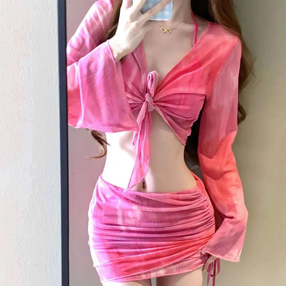 Women's Fashion Tie Dye Bikini Mesh Long Sleeve 4 Piece Bathing Suit Side Ruched Pleated Skirt Swimwear Set Summer Wear Z260206