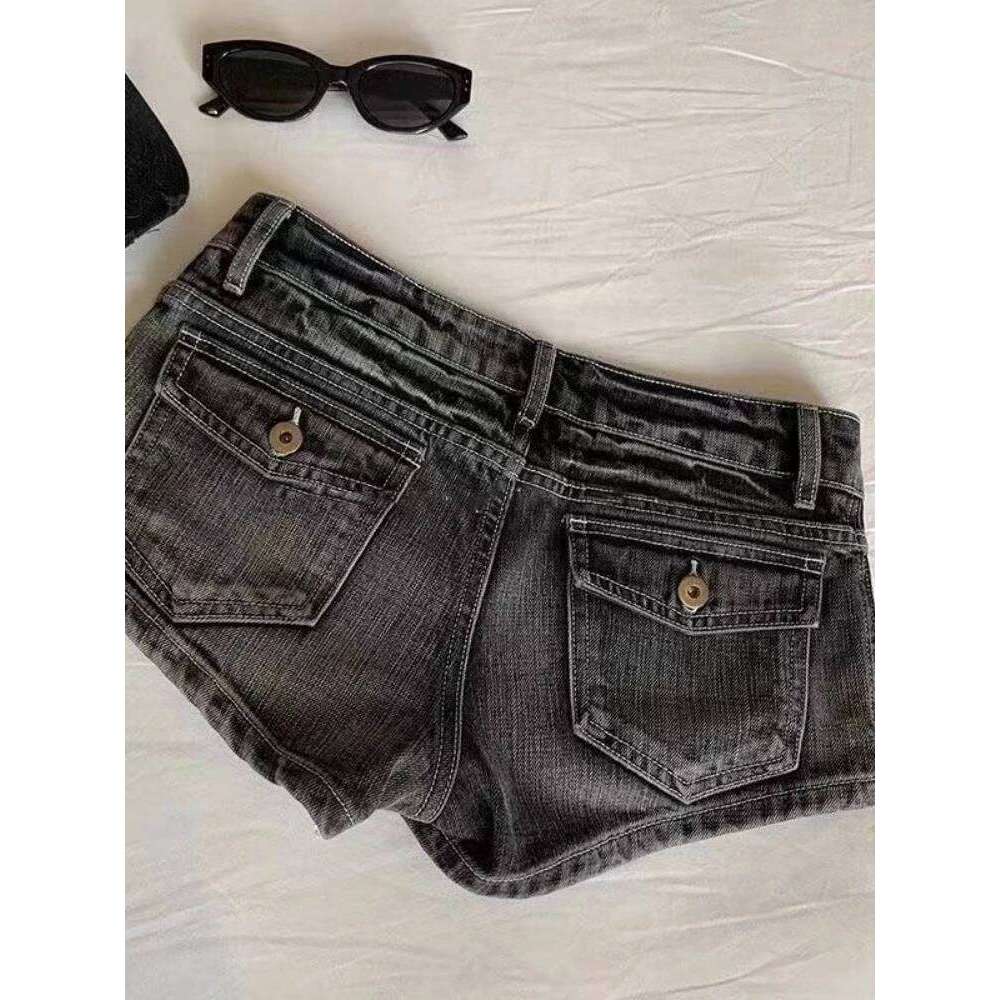 HOUZHOU Vintage Black Denim Women Sexy Gyaru Low Waist Shorts Female Y2k Punk Retro Summer Streetwear Short Jeans Slim Up XJ260206