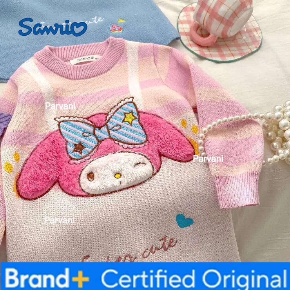 Sanrio Kuromi Girls Autumn and Winter Cartoon Sweet Princess Melody Suspender Striped Plush Casual Sweater Dress Gift H260206 - view 6