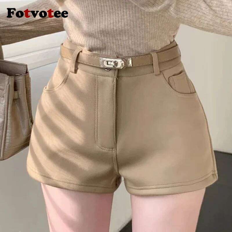 FOTVOTEE Fashion High Waisted Women Casual Solid Slim Short Pants with Belt 2025 New Retro All Match Simple Female Shorts XJ260206