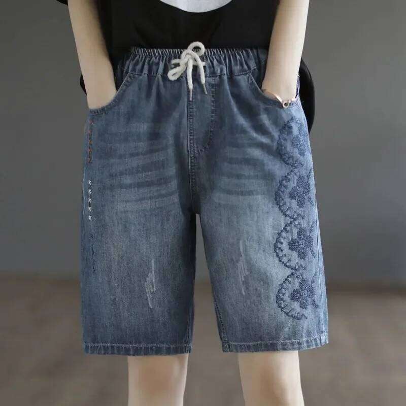 Vintage Jeans Women Summer Floral Embroidery Elastic High Waist Denim Design Wide Leg Trousers Blue Black Shorts XJ260206