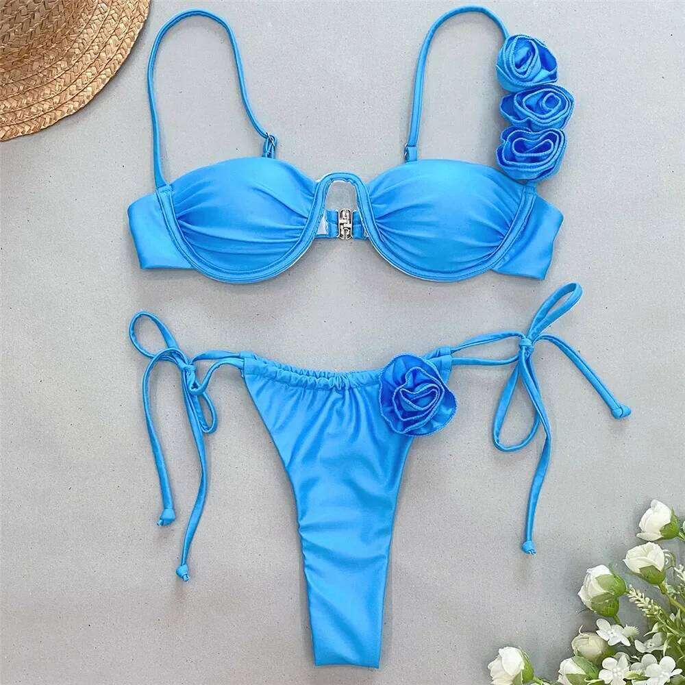 Sexy 3D Flower Blue Push Up Bikinis Sets 2024 Women Wrinkled Underwired Swimwear Micro Thong Swimsuit Bathing Suit Bikini Mujer XJ260206