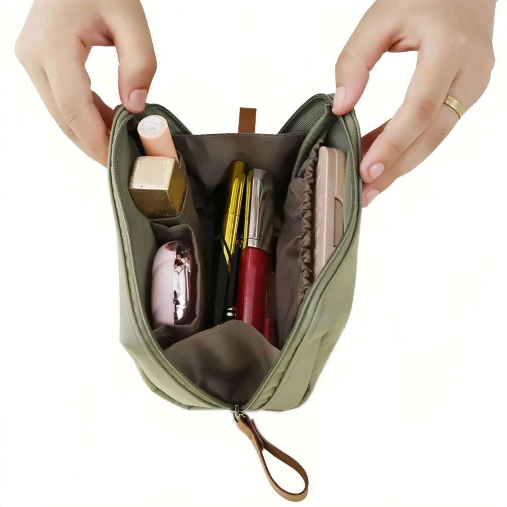 Large Cosmetic Organizer Bag - Compact travel toiletry bag, women's textured polyester fabric makeup pouch.A-tan Y260206