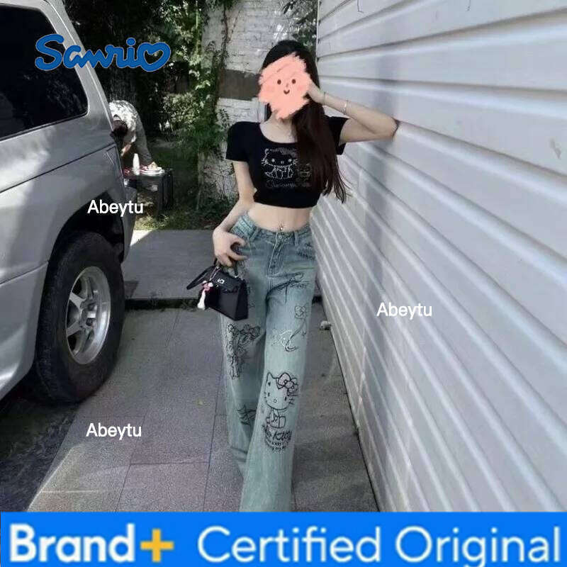 Sanrio Hello Kitty American retro creative printed jeans for women in autumn and winter high-waisted loose casual versatile trousers H260206