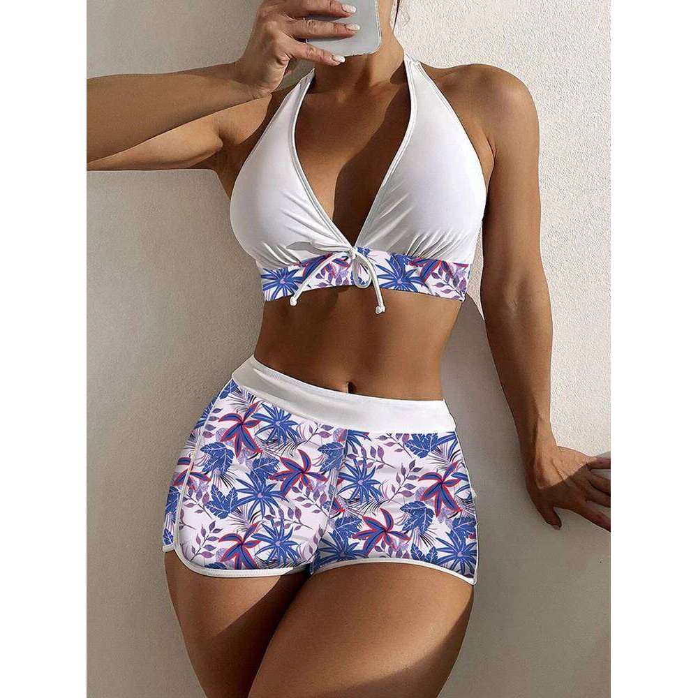 6 Colors Halter Bikini Set 2025 Women Sexy Floral Print High Waisted Swimwear With Boxer Shorts Hot Selling Beach Bathing Suit Z260206