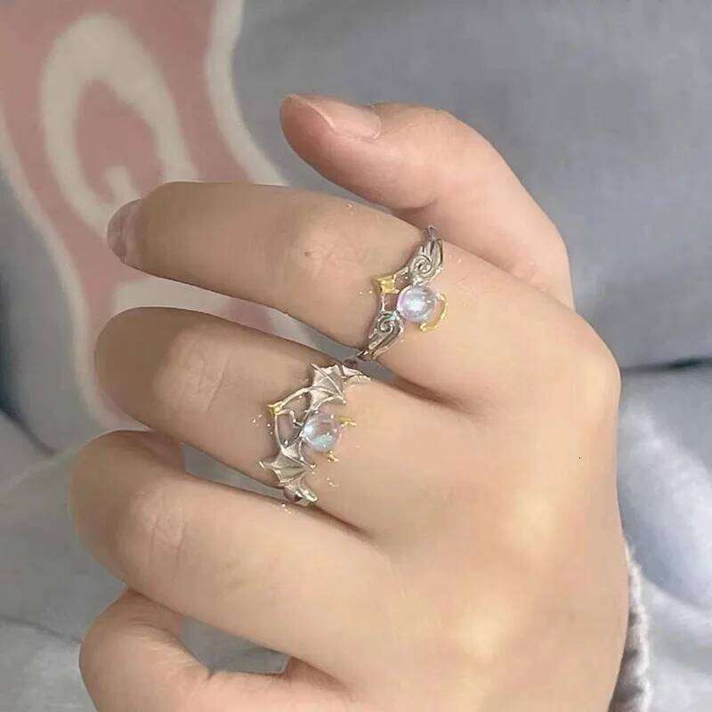 Romantic Angel and Demon Wings Couple Rings For Women Goth Fashion Moonstone Adjustable Opening Finger Men's Ring Party Jewelry W260206