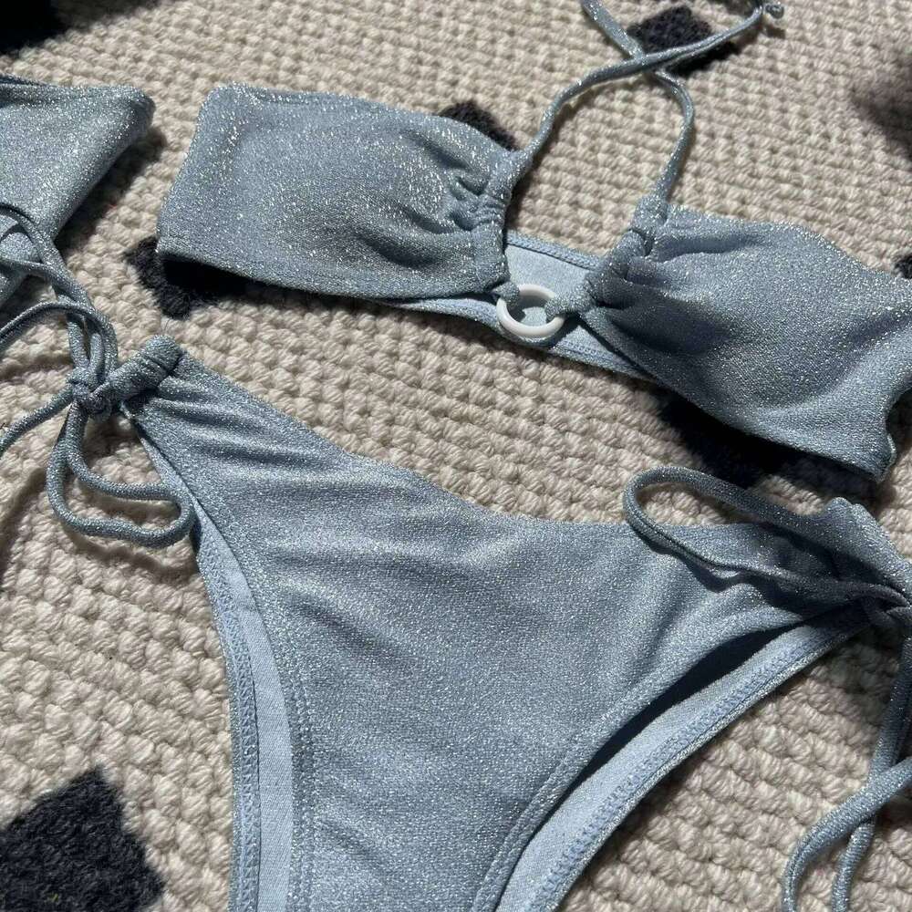 Glitter Metallic 3-Piece Swimsuit Set with Long Sleeves - Summer Beach Swimwear Bathing Suit For Women Z260206