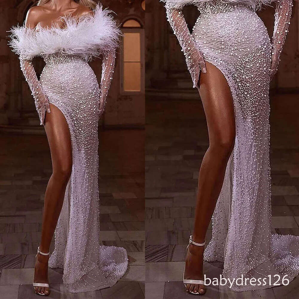 Wedding Dresses Mermaid Strapless Split Feather Pearls or-Length Princess Bride Dress Vestido de novia Custom Made