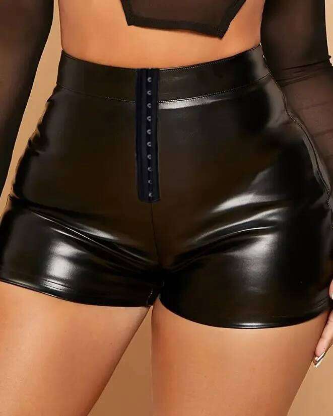 Women's 2025 Summer Fashion PU Leather Sexy Buckled High Waist Plain Skinny Daily Above Knee Shorts Y2k Streetwear C260206
