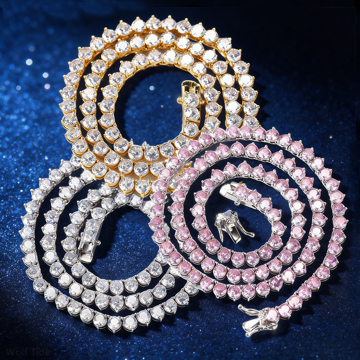 New Iced Out Pink Cubic Zirconia Tennis Chain Necklace Choker Personalized Men's Hip Hop Full Diamond Bling CZ Stone Luxury Masculina Wolf Tide J