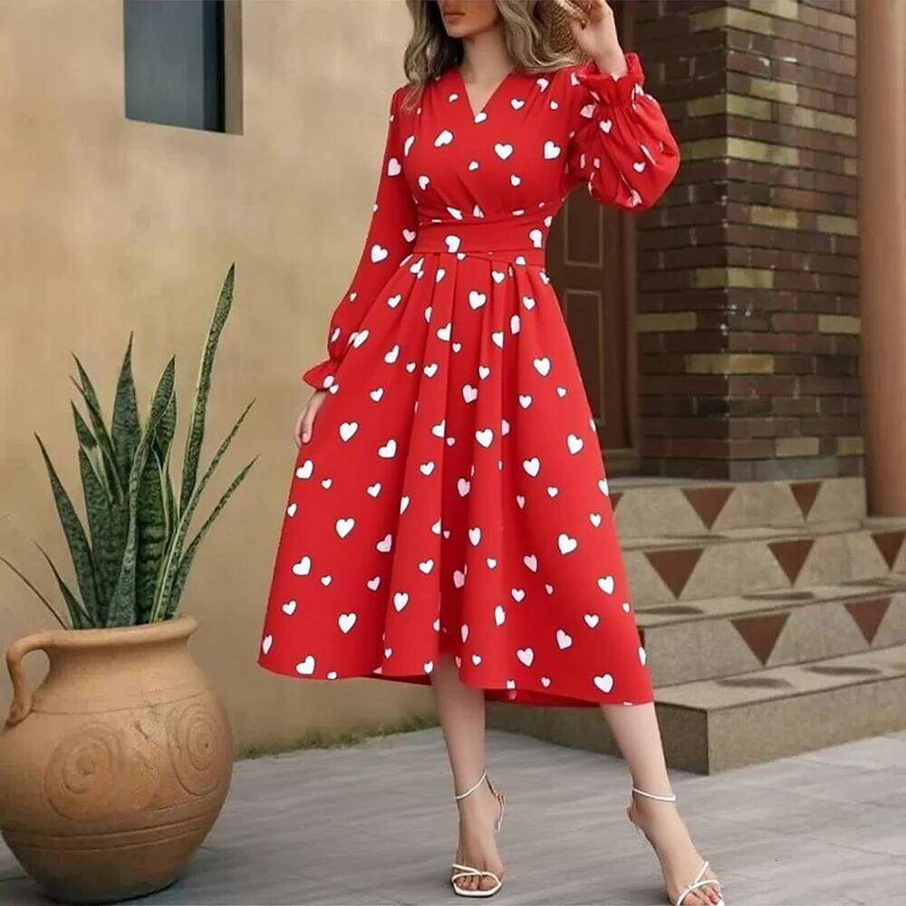 Yuoomuoo Romantic Heart Print Sleeve Women 2026 New French Fashion Slim Waist Bandage Long Dress Lady Party Vestidos