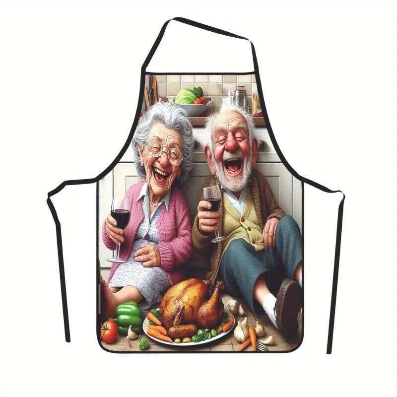 Adjustable Polyester Kitchen Apron Grandma Grandpa Roast Chicken Design, Soft Chef Cooking Bib for Men and Women S260205