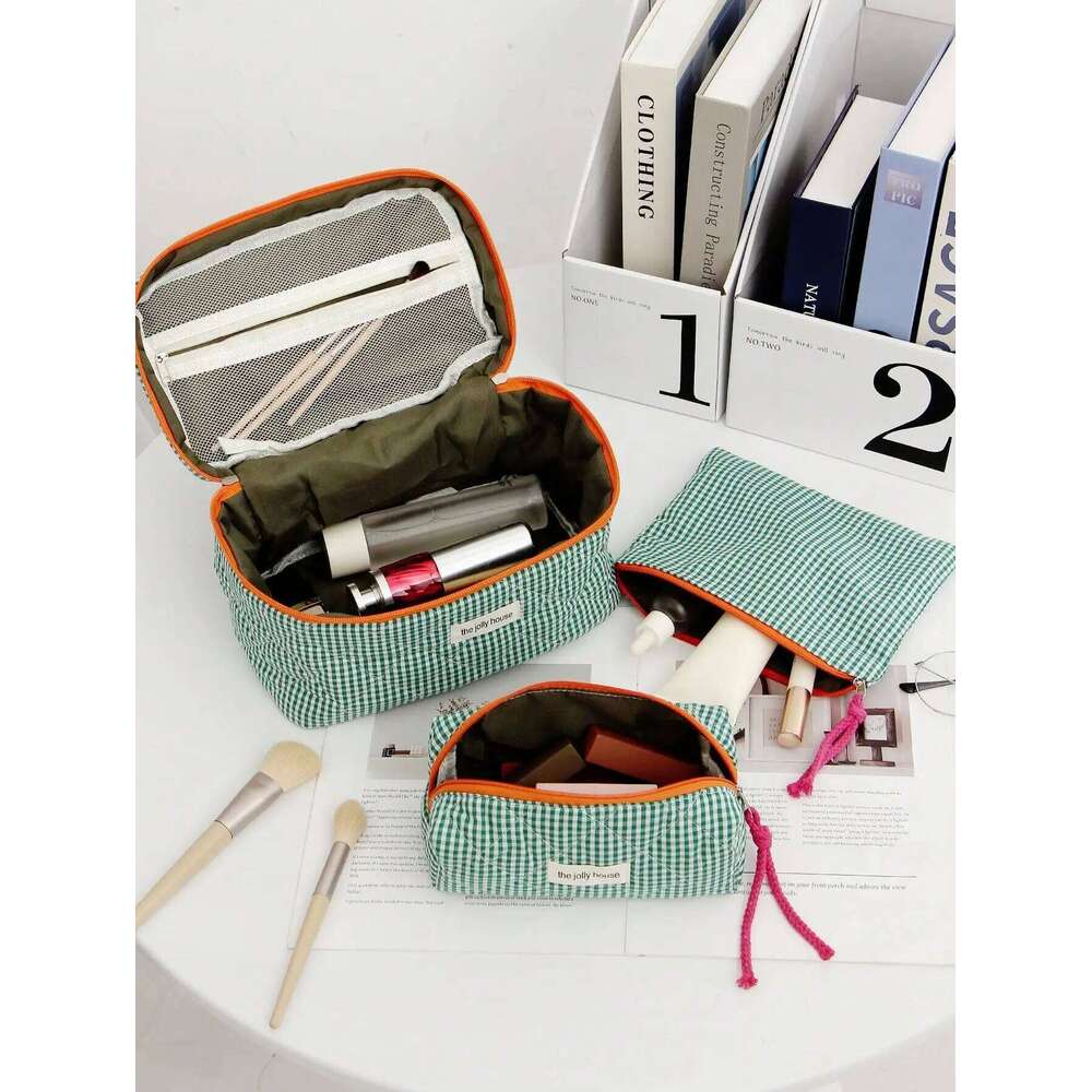 1Pc/Set Plaid Design Green Color with String Cosmetic Organizer Handbag Set For Home, Travel, Vacation And School Use Y260206