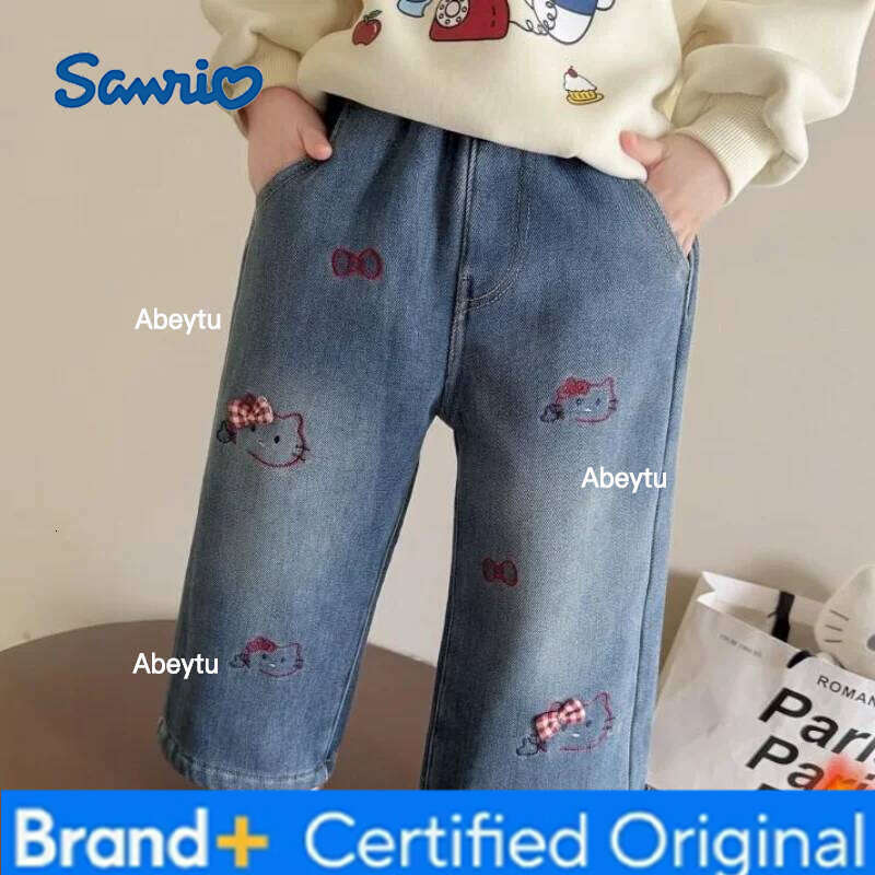 Sanrio Hello Kitty Jeans Fleece Lined Girls and Kids Autumn Winter Season New Style Casual Loose Fit Fashionable Denim Pants H260206
